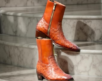 Botas de piel marrón con cremallera hechas a mano para hombre / Botas de tacón cubano / Botas estilo western con suela de piel auténtica