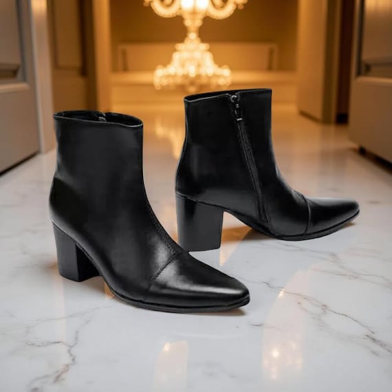 靴 Hand made Pointed toe leaher boots Handmade Leather Chelsea Boots Point Toe Cuban Heel Ankle High Top