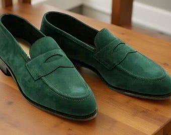 New Handmade Green Genuine Suede Leather Formal Slip On Moccasin Shoes For Men