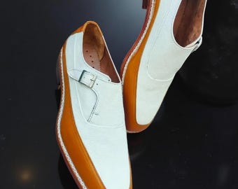 Handgemaakte tweekleurige leren herenschoenen met gesp | Geklede schoenen van echt leer | Formele bruiloft- en kantoorschoenen