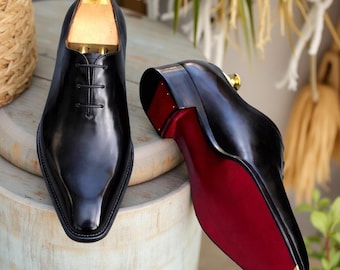 Hand Made Premium Black Wholecut Oxford Shoes with HandFinished Red Leather Sole