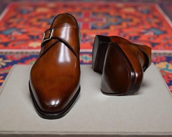 Turkish Handmade brown leather monk strap shoes, Slip on Men's Formal Dress Shoe