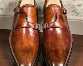 Handmade Genuine Leather Shoes Brown Shaded Leather Double Monk Strap Shoes