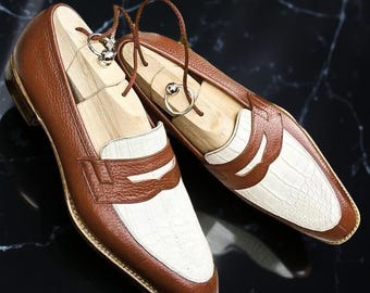 Men's Handmade Two Tone Leather Spectator Formal Dress Loafer Shoes