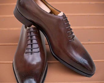 New Custom Made Men's Brown Leather Oxford Whole-Cut Brogue Lace Up Casual Shoes