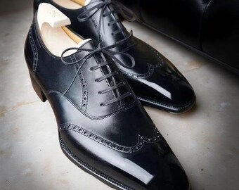 Bespoke Handmade Genuine Black Leather Oxford Lace Up Formal Dress Shoe Men
