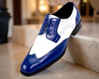 genuine calf leather men dress shoes blue and white Handmade Men's Leather Two Tone Blue White Dress Lace Up Oxfords Fine Shoes-322