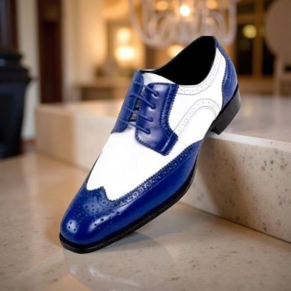 Memory Foam Two-Tone Wingtip Dress Shoes - Blue & Cream (M) Handmade Two Tone Wingtip Formal Shoes, Men Blue & White  main image 3