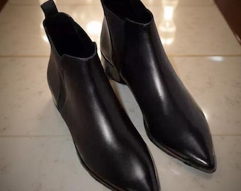 Handmade Black Leather Pointed Toe Cuban Heel Boots - Etsy Canada