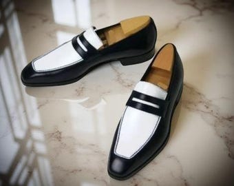 Handmade Black & White Loafers Slip On Strap Semi Formal Shoes For Men Elegant