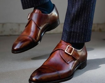 Handcrafted Brown Leather Shoes, Monk Strap Shoes For Men's, Buckle Dress Shoes