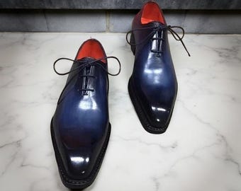 Handmade Men Blue Leather Oxford Shoes Formal Dress Leather Office Shoes For Men