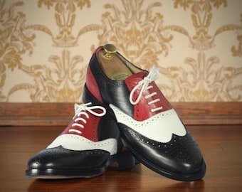 Handcrafted Mens Multicolor Leather Oxford Brogue Wingtip Lace Up Dress Shoes