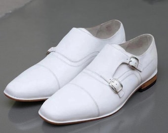 Handgemaakte witte dubbele monnikskap leren geklede schoenen voor heren Gratis cadeauverpakking