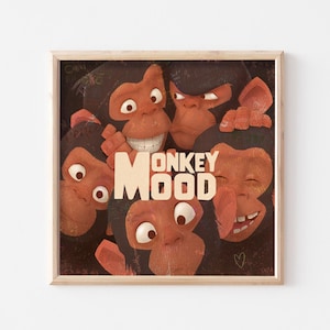 Könnte beinhalten: Gerahmter Druck mit einer Gruppe von Cartoon-Affen mit verschiedenen Gesichtsausdrücken. Das Wort "MONKEY" ist über "MOOD" in einer beigen Schrift angeordnet. Die Affen sind braun mit schwarzem Fell und der Hintergrund ist dunkel.