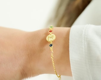 Personalized Initial Birthstone Bracelet, Custom Engraved Bracelet for Women, Dainty Gold or Silver Jewelry, Birthday Gift for Her