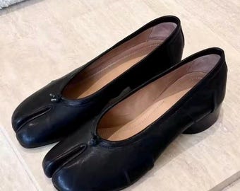 Tabi Ballet Heels | Split Toe Ballet Shoes | Black Patent Minimal Heels | Japanese-Inspired Footwear