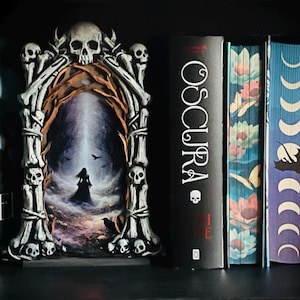 May include: A collection of books with decorative covers and a skull-themed picture frame. The frame features a central image of a silhouetted figure in a dark landscape. The books have various designs, including floral, moon phases, and a sword.
