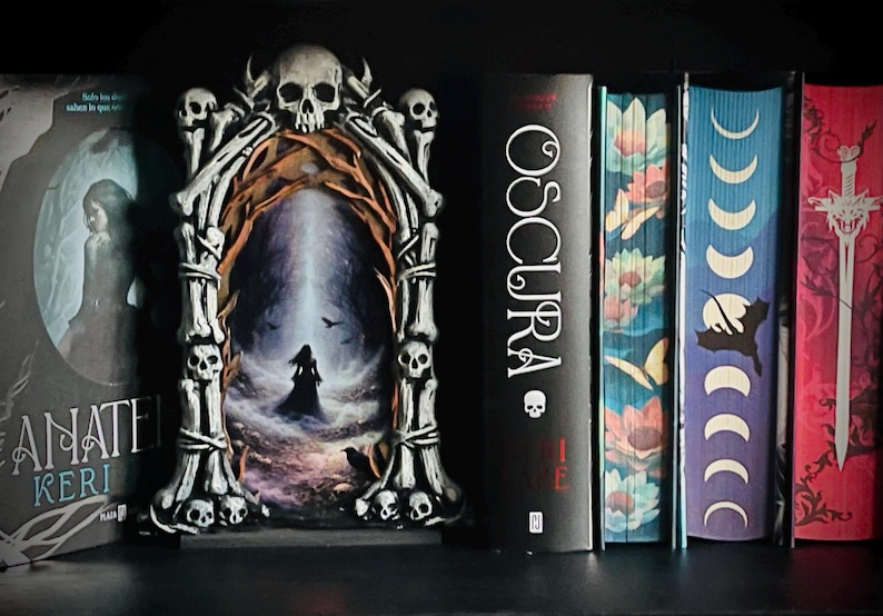 May include: A collection of books with decorative covers and a skull-themed picture frame. The frame features a central image of a silhouetted figure in a dark landscape. The books have various designs, including floral, moon phases, and a sword.
