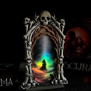 May include: A gothic-style decorative frame featuring a central image of a silhouetted figure in a colorful, ethereal landscape. The frame is adorned with skulls and bone-like structures, creating a dark fantasy aesthetic.