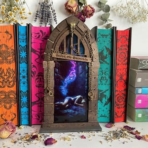 May include: A wooden framed art piece with a fantasy scene, featuring a figure lying down under a glowing blue and purple light. The frame is adorned with chains and keys. Colourful book spines are in the background, with dried flowers and petals scattered around.