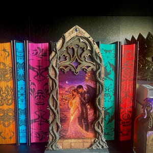 Op de afbeelding: Een decoratief frame in gotische stijl met een romantische afbeelding van een stel, tegen een achtergrond van kleurrijke boeken. Het frame is ingewikkeld ontworpen met een donkerbruine afwerking en de boeken hebben levendige covers in oranje, blauw, roze, groen en rood.