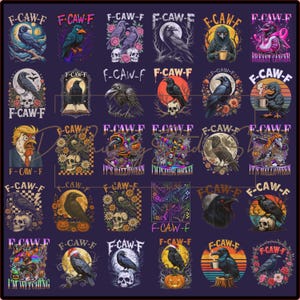 Könnte beinhalten: Eine Sammlung von Grafikdesigns mit Krähen, Totenköpfen und floralen Elementen. Jedes Design enthält den Text "F-CAW-F" in verschiedenen Schriftarten und Farben. Einige Designs haben Halloween-Themen, andere einen Sonnenuntergang oder Mond.