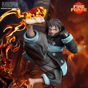 May include: A dynamic figurine of a character from "Fire Force" in a fighting pose, surrounded by stylized flames. The figure wears a black uniform with light blue accents and cross emblems. The "Fire Force" logo is visible.