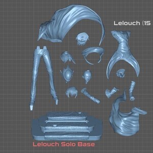May include: A light blue disassembled figurine of Lelouch, including a cape, trousers, and head components. The base is labelled "Lelouch Solo Base". The image is set against a grid background.