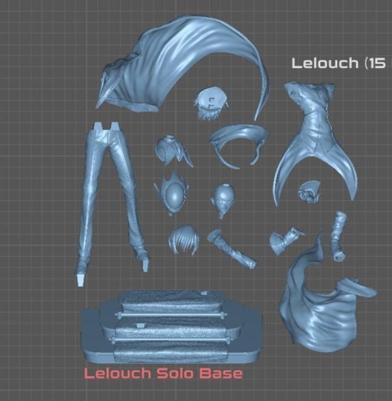 May include: A light blue disassembled figurine of Lelouch, including a cape, trousers, and head components. The base is labelled "Lelouch Solo Base". The image is set against a grid background.