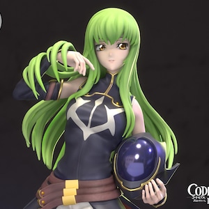 May include: A detailed figurine of a character with long green hair, wearing a dark blue outfit with gold accents and a brown belt. The figure is holding a dark blue helmet. The image includes the text "CODE GEASS Lelouch of the Rebellion".
