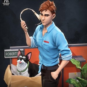 Könnte beinhalten: 3D-gedruckte Figur eines Mannes in hellblauem Hemd mit dem Logo "SBN" und dunkler Hose, der ein Headset hält. Ein schwarz-weißer Hund sitzt in einem Karton mit der Aufschrift "Roberts". Die Figur befindet sich in einer Büroumgebung.