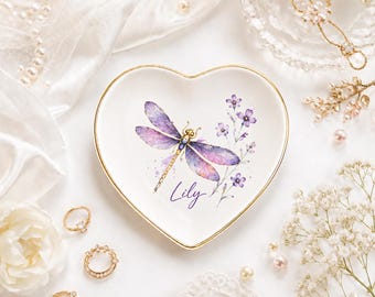 Personalized Dragonfly Jewelry Dish, Custom 30th Birthday Ring Dish, Nature Lover Gift, Floral Vanity Tray, Keepsake Gift For Her
