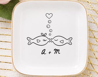 Personalized Engagement Ring Dish, Kissing Fish Jewelry Tray, Wedding Gift for Couple, Bride to Be Gift, Engagement Gift for Her