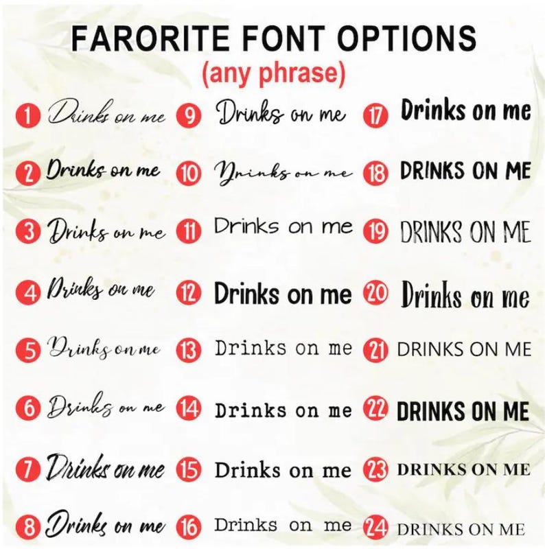 Puede incluir: Una tabla de selecci&oacute;n de fuentes titulada FARORITE FONT OPTIONS (any phrase) que muestra veinticuatro muestras de texto negro numeradas. Cada muestra presenta la frase Drinks on me o DRINKS ON ME en varios tipos de letra.
