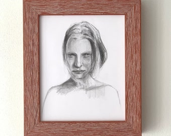 Ritratto donna matita su carta cornice in legno disegno originale