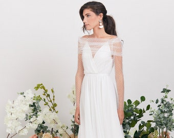 Tulle trouwjurk, romantische en grillige off-the-shoulder boho trouwjurk met lange mouwen en vloer lengte 3 lagen rok