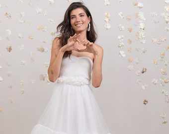 Fairy beach wedding dress handmade from delicate flowy tulle for a whimsical, comfortable and effortlessly beautiful style