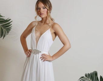 Wedding dress, plunge neckline wedding dress, unique wedding dress with open back and full circle skirt, simple and stunning wedding dress