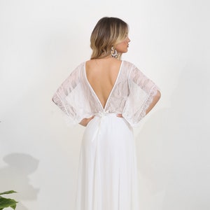 Kimono lace sleeves wedding dress, low back lace wedding dress, boho bride, beach wedding, made to order custom size bohemian wedding dress