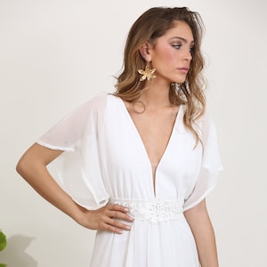 Chiffon wedding dress with an embroidery lace belt and train, plunge neckline casual wedding dress, boho wedding dress, beach wedding dress