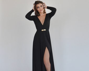 Black evening dress, Black wedding dress, black floor length bell shape dress with golden belt, simple black dress with slit