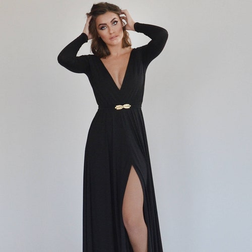 Black evening dress, Black wedding dress, black floor length bell shape dress with golden belt, simple black dress with slit