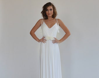 Sample sale - size S simple boho wedding dress, fringe straps, floor length skirt, flower belt