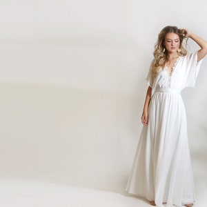 Boho wedding dress, kimono sleeves chiffon wedding dress with lace trim neckline, Casual wedding dress, open back with lace trim bride dress