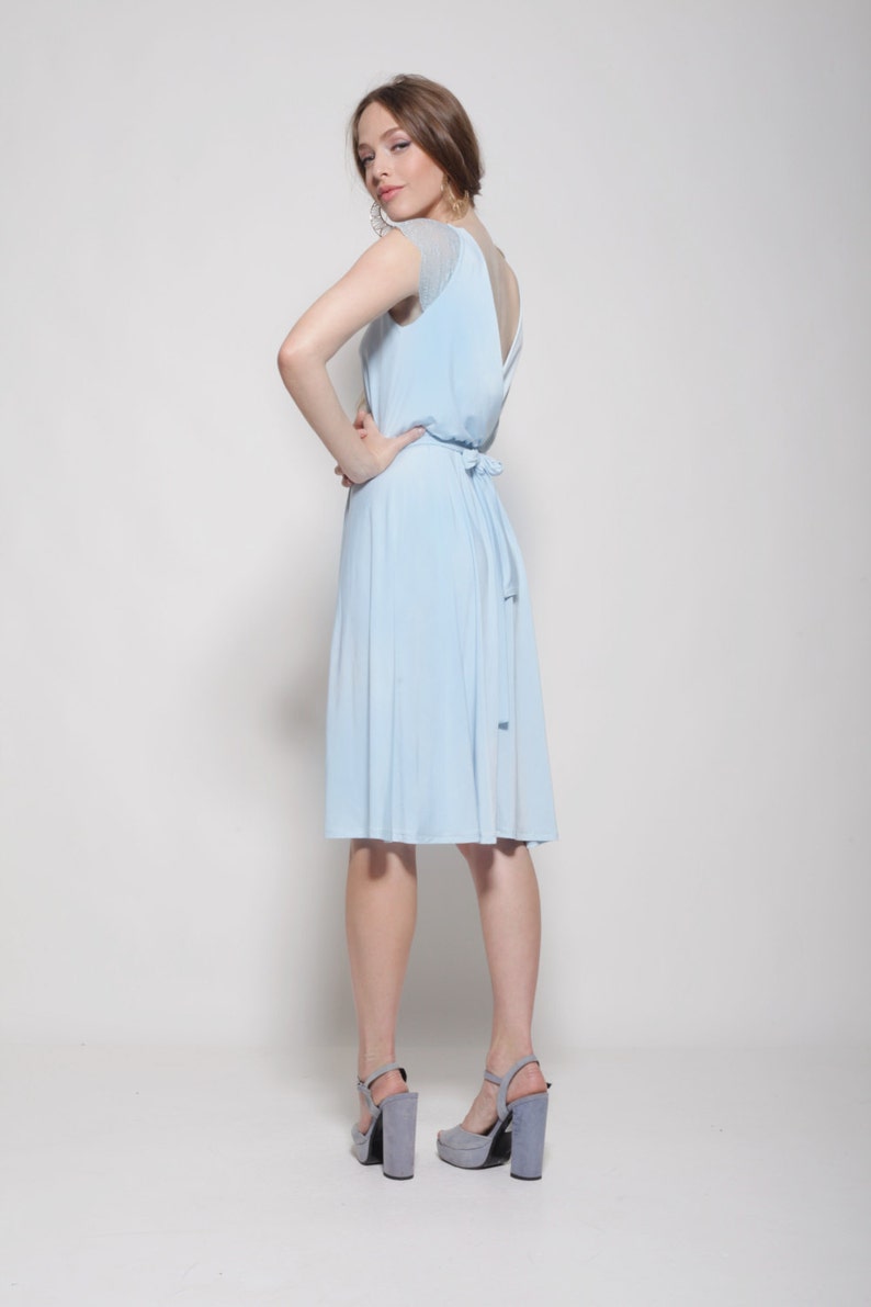 Light Blue Dress Knee Length Lace Cleavage and Sleeves bell Etsy