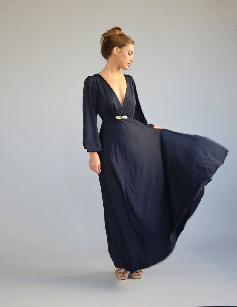 blue evening dress floor length bell shape dress party dress prom dress golden feather belt Bridesmaids dress