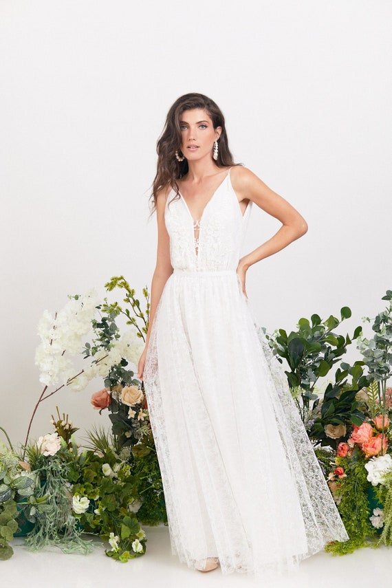 Wedding Dress, Plunge Neckline Wedding Dress, Lace Wedding Dress, Glamorous and Unique Bohemian Wedding Dress With Open Back - Etsy Wedding Dress, Plunge Neckline Wedding Dress, Lace Wedding Dress, Glamorous and Unique Bohemian Wedding Dress With Open Back - Etsy