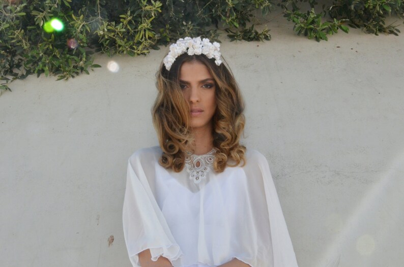 Bridal Chiffon cape, bride shawl with embroidery, lace shrug chic Capelet wedding cover image 2