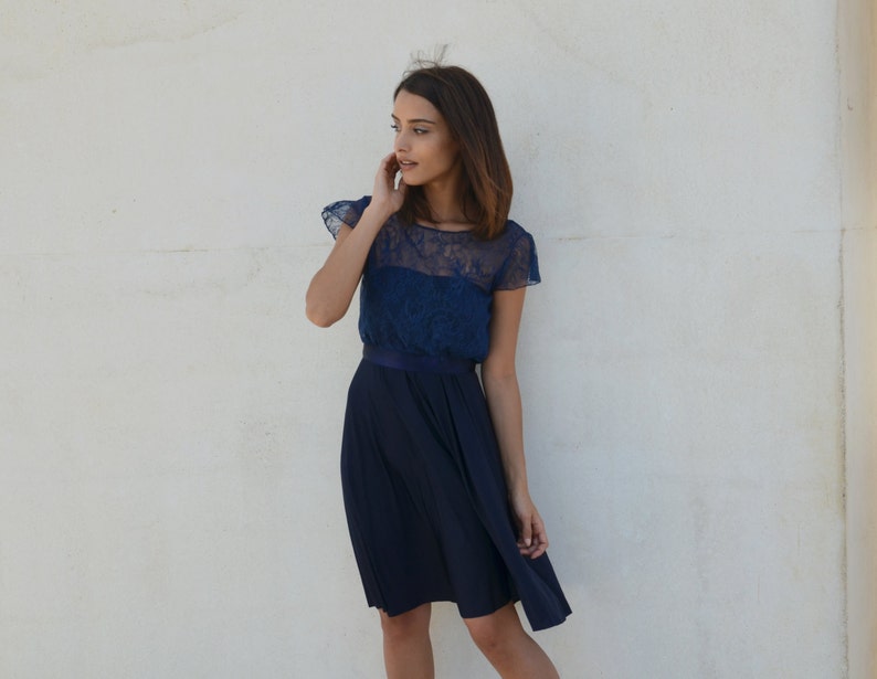 Bridesmaid Blue Dress Knee Length Lace Top Lace Blouse Bell Etsy